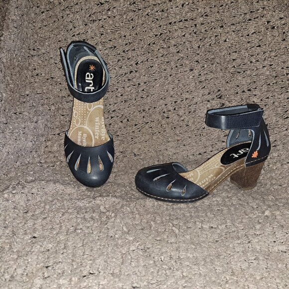ART COMPANY-Ankle Wrap Sandals-Dark Navy/Black Leather-Sz 37-Near Mint - Picture 1 of 7